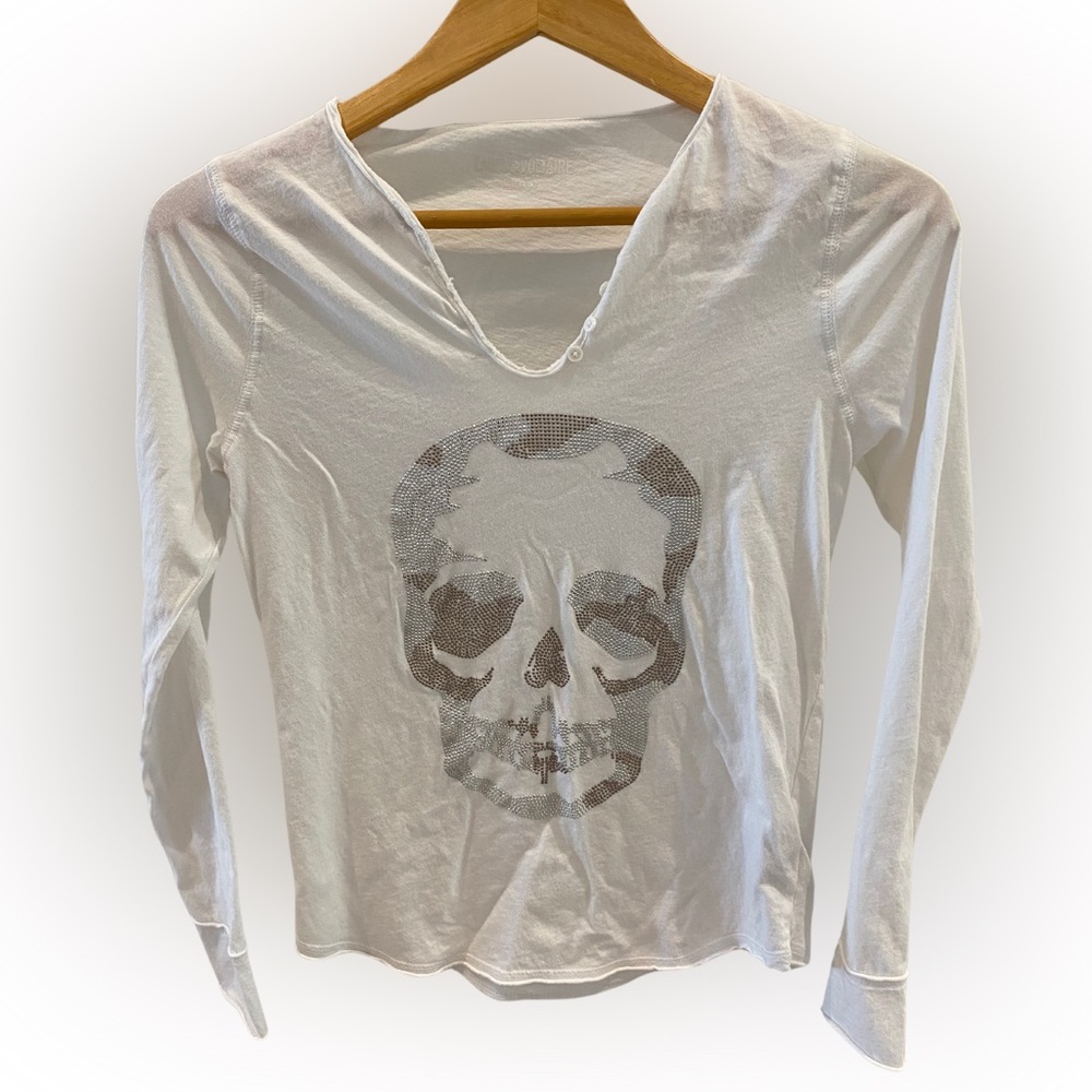 Zadig & Voltaire White Long Sleeve Tee with Silver Skull Graphic